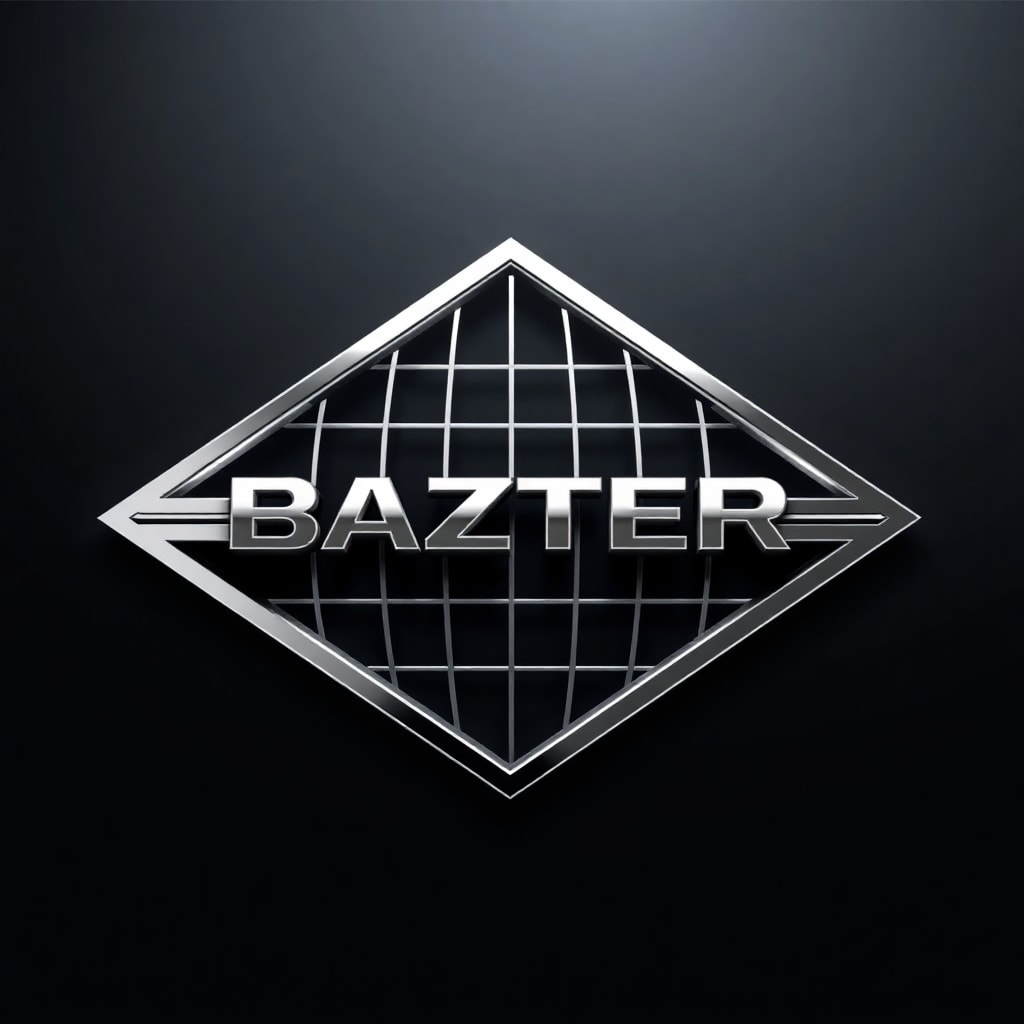 A stylized logo design, rendered in a highly polished, metallic silver or chrome finish, sits against a dark charcoal gray backdrop.  The logo is a diamond-shaped emblem, with a grid pattern of thin, intersecting lines within it.  Within the diamond, the words "BAZTER" are prominently displayed in uppercase block letters, with a 3D effect that creates a sense of depth and volume.  The words are set between two horizontal, slightly elevated chrome lines, giving a sculpted, raised effect.  The overall aesthetic is sleek, modern, sophisticated, and emphasizes a sense of high-end quality. The contrast between the metallic gray logo and the dark background accentuates the design.  The lighting is dramatic, highlighting the contours of the logo, creating a professional impression akin to a 3D rendering.