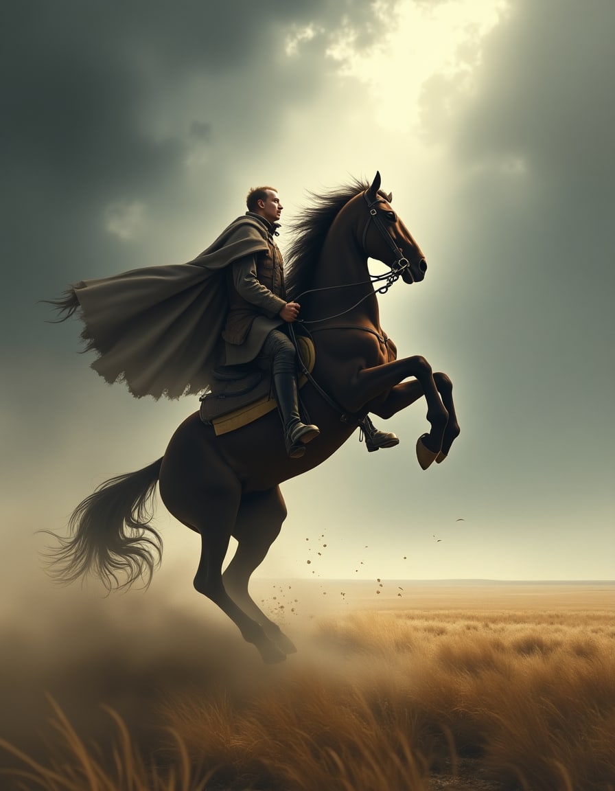 a dramatic cover illustration for a book of poetry. A Don Cossack on  the back of rearing stallion. its hooves striking the ground as the rider gazes upwards with a determined expression. A windswept, desolate steppe stretches into the distance under a stormy grey sky, illuminated by a single ray of light highlighting the figure, evoking a sense of sublime and poetic grandeur. 