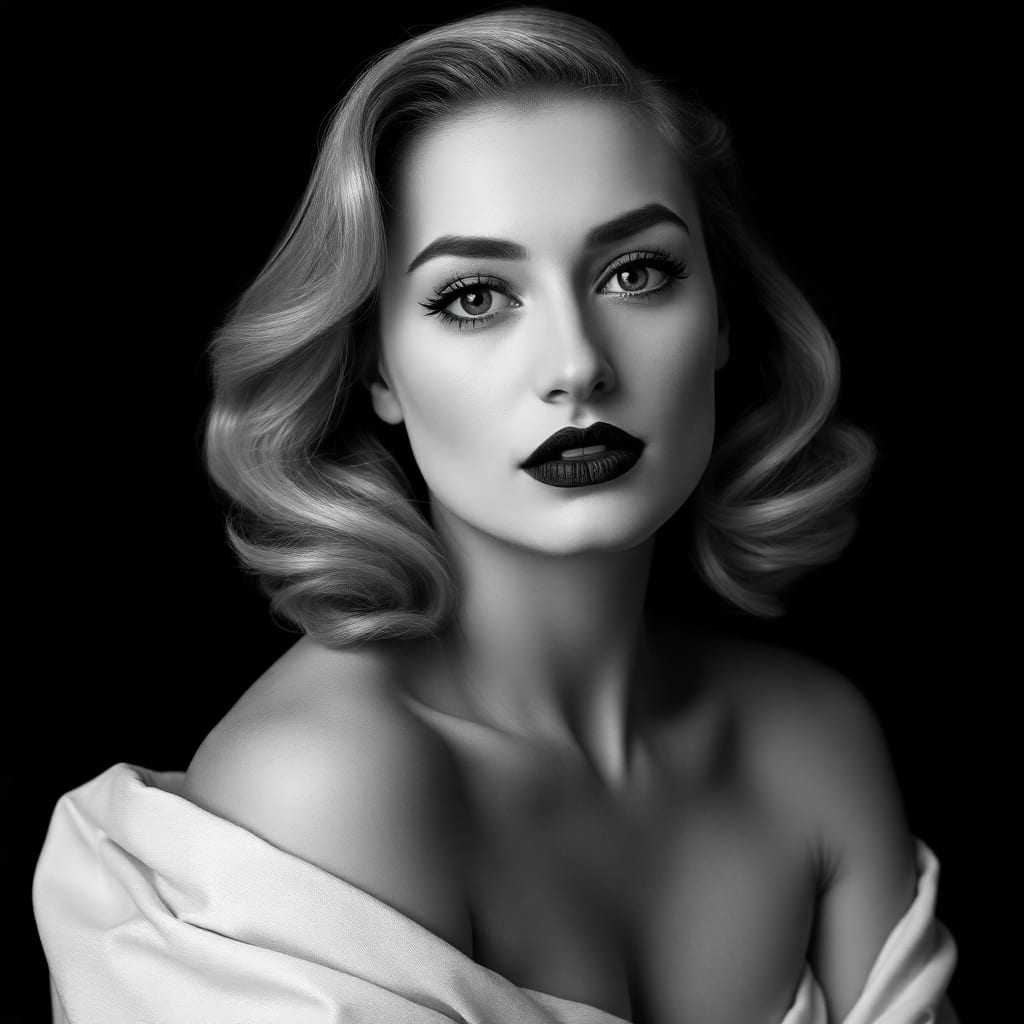 A classic black and white portrait of a woman with striking features, vintage style (ultra detailed:1.2), (8k resolution:1.1), (masterpiece:1.3), (best quality:1.2), (sharp focus:1.1), (high contrast:1.05). Main subject: Woman with shoulder-length blonde hair, voluminous waves, defined eyebrows, prominent dark eyelashes, intense gaze looking to the side, slightly parted lips with dark lipstick. Pose: Seated, head turned to the side, expression conveys a mixture of contemplation and allure, bare shoulders, loosely draped off-white fabric revealing shoulders. Background: Plain dark, emphasizing the subject, no distractions. Composition: Central framing with emphasis on face and hair, creating a timeless aesthetic. Lighting: Even, soft illumination on face and shoulders, subtle shadows creating depth, enhancing facial features. Color palette: Monochromatic, black and white, high contrast emphasizing detail. Texture and materials: Soft fabric texture visible, smooth skin tones, glossy hair. Atmosphere and mood: Nostalgic, elegant, reminiscent of 1950s glamour photography, striking emotional connection.