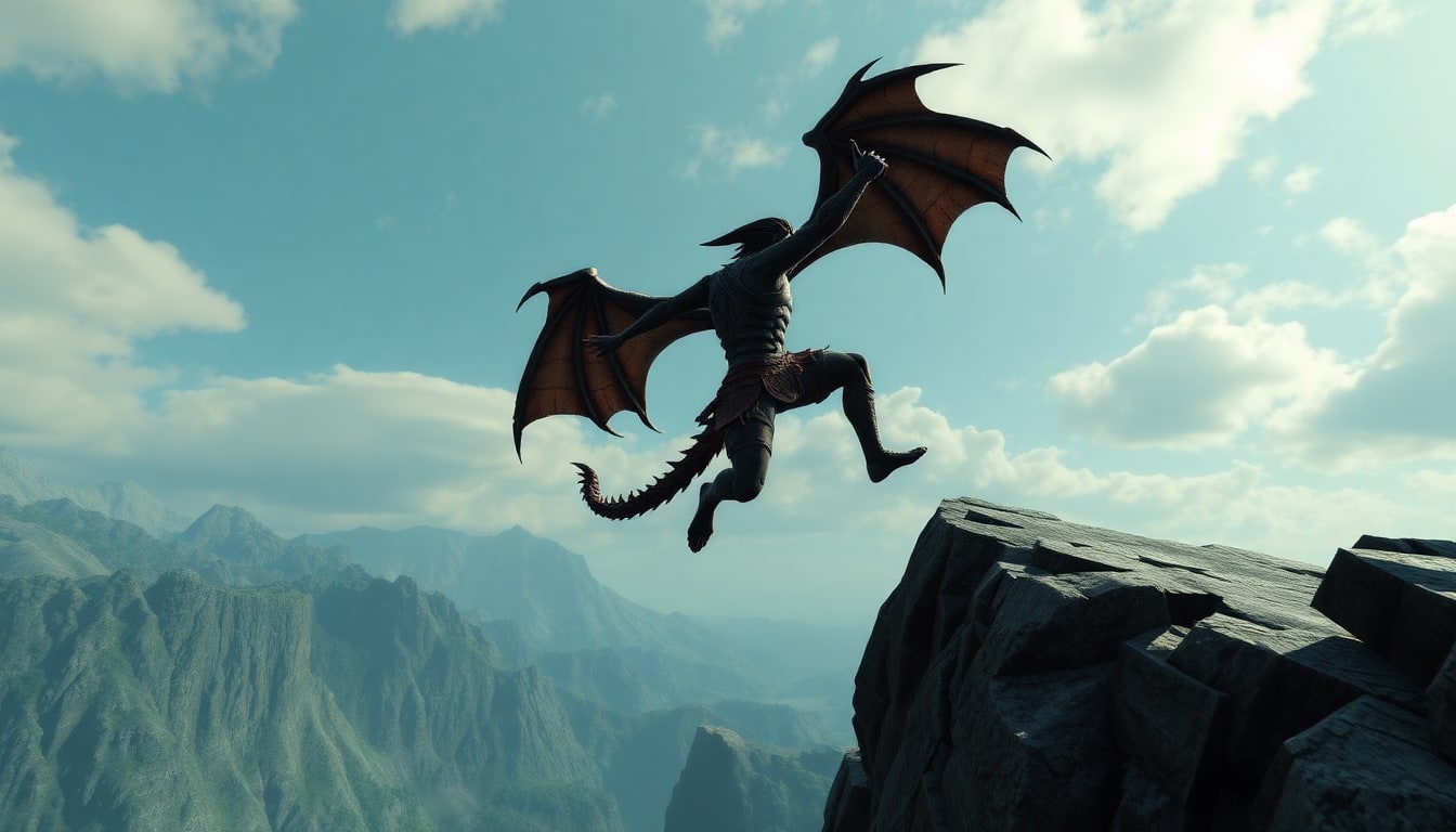 Skyrim Dragonborn jumping off a cliff