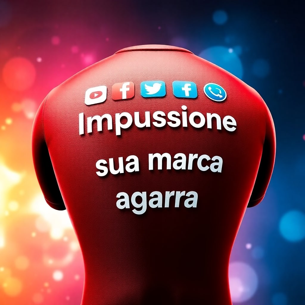 Um foguete decolando com logos de redes sociais no corpo e um letreiro: "Impulsione sua marca agora." Fundo espacial ou futurista, cores vibrantes como laranja, roxo e azul.