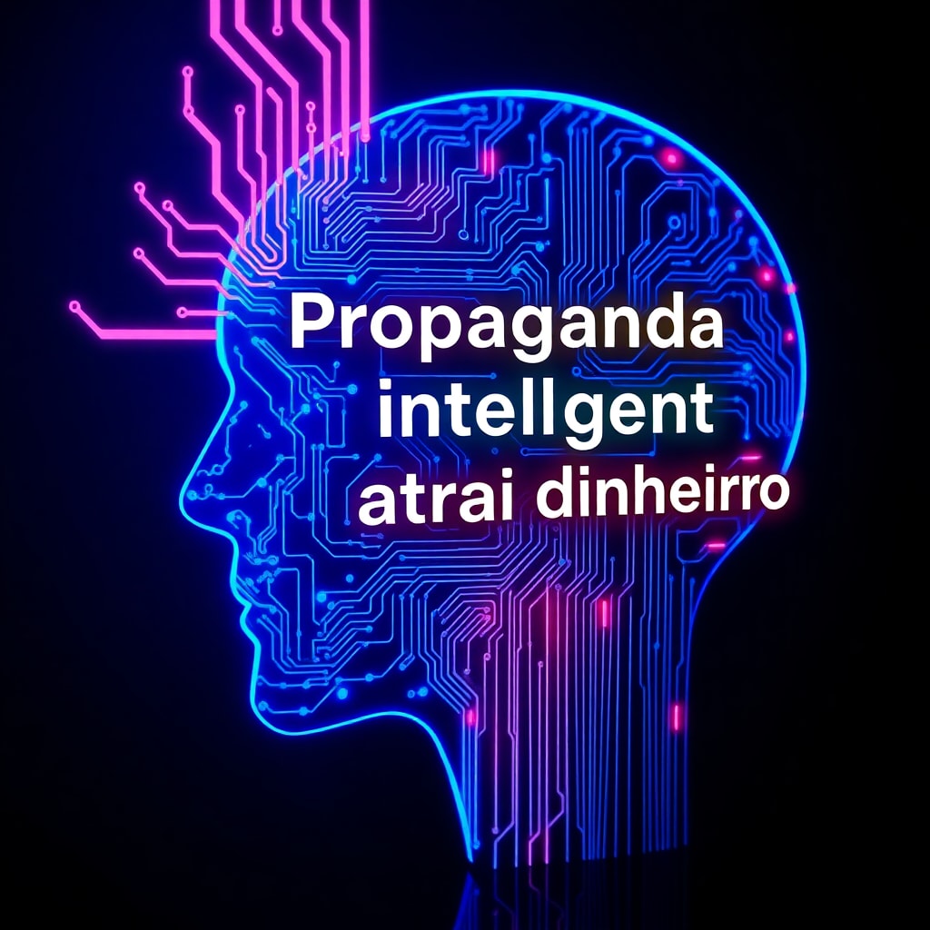 Um cérebro feito de circuitos digitais e anúncios flutuando ao redor, com a frase "Propaganda inteligente atrai dinheiro." Estilo tech e inovador, cores neon e azul escuro.