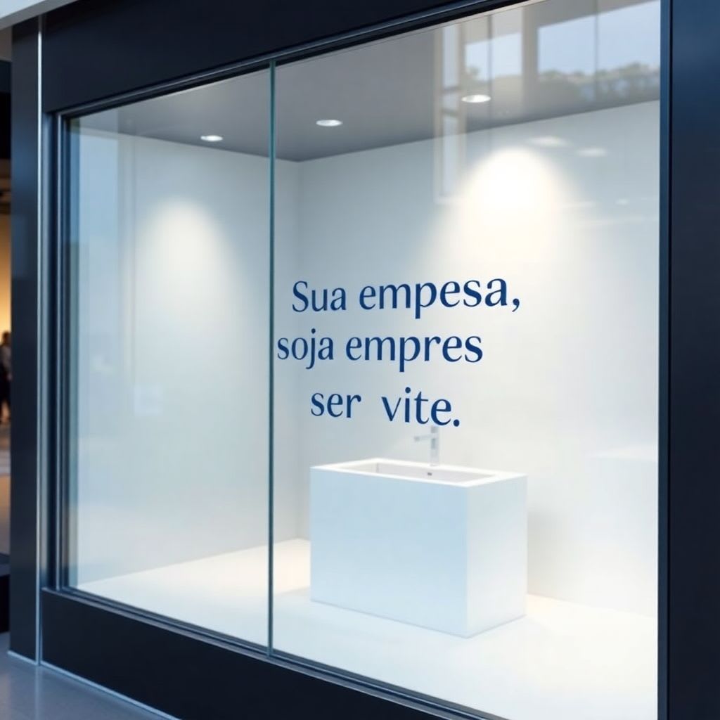 Uma vitrine digital com uma loja online destacada e a frase "Sua empresa merece ser vista." Fundo claro, design clean e tipografia elegante. Cores branco, azul e cinza.

