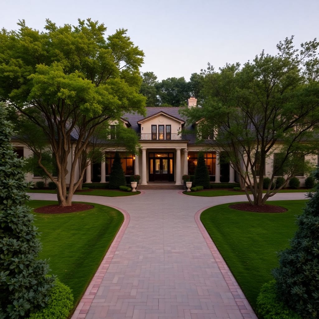 5 bhk villa surrounded by trees with a grand entrance pathway
