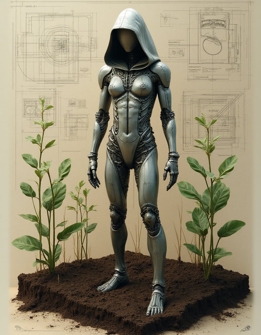 A humanoid figure, with a metallic, futuristic appearance, standing in rich, dark soil. The figure's body is slender and covered in a glossy, reflective texture, wearing a hood that partially conceals the face. The clothing is form-fitting, with complex patterns and a mixture of organic and mechanical elements. Around the figure, there are intricate lines and diagrams giving a technical blueprint effect. The background features freshly upturned earth with some green plant elements, suggesting a garden or cultivated land setting. The scene is composed in a three-dimensional cube-like fashion, with annotations resembling a scientific or architectural drawing, providing a surreal atmosphere. Lighting is diffused, casting soft shadows that enhance texture. The color palette is muted with earth tones, metallic grays, and occasional hints of green, ensuring an industrial yet natural feel. The image is highly detailed with a futuristic, sci-fi style, blending organic and mechanical features.