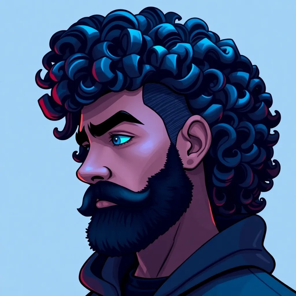 cartoon-style male portrait, profile view, futuristic hairstyle with clean shave on sides and voluminous top, dense black beard, wearing a dark collar or coat, blue and neon accents in lighting, soft blue background, stylized digital art, (ultra detailed:1.2), (8k resolution:1.1), (masterpiece:1.3), (best quality:1.2), (sharp focus:1.1), (high contrast:1.05)A highly stylized portrait of a person with curly hair, focusing on their facial features; the face is seen slightly from below, with a serious expression, curly hair dominating the scene and providing a dynamic, textured look; clothing seems casual, possibly a hoodie, providing a relaxed vibe. Background is abstract and blurred, with muted colors that bring focus to the subject while adding a sense of depth. Composition is tightly framed around the face, with the hair curls forming an intricate pattern that guides the viewer's eye. Lighting is soft and diffused, creating a flat appearance with minimal shadows, emphasizing facial lines and hair texture. Color palette is subdued, with earthy tones and pastel hues that create a harmonious balance with the abstract background. Texture is prominent in the curls of the hair, suggesting a rough, almost painted look. The overall mood is introspective and artistic. (ultra detailed:1.2), (8k resolution:1.1), (masterpiece:1.3), (best quality:1.2), (sharp focus:1.1), (high contrast:1.05), pop art style.
