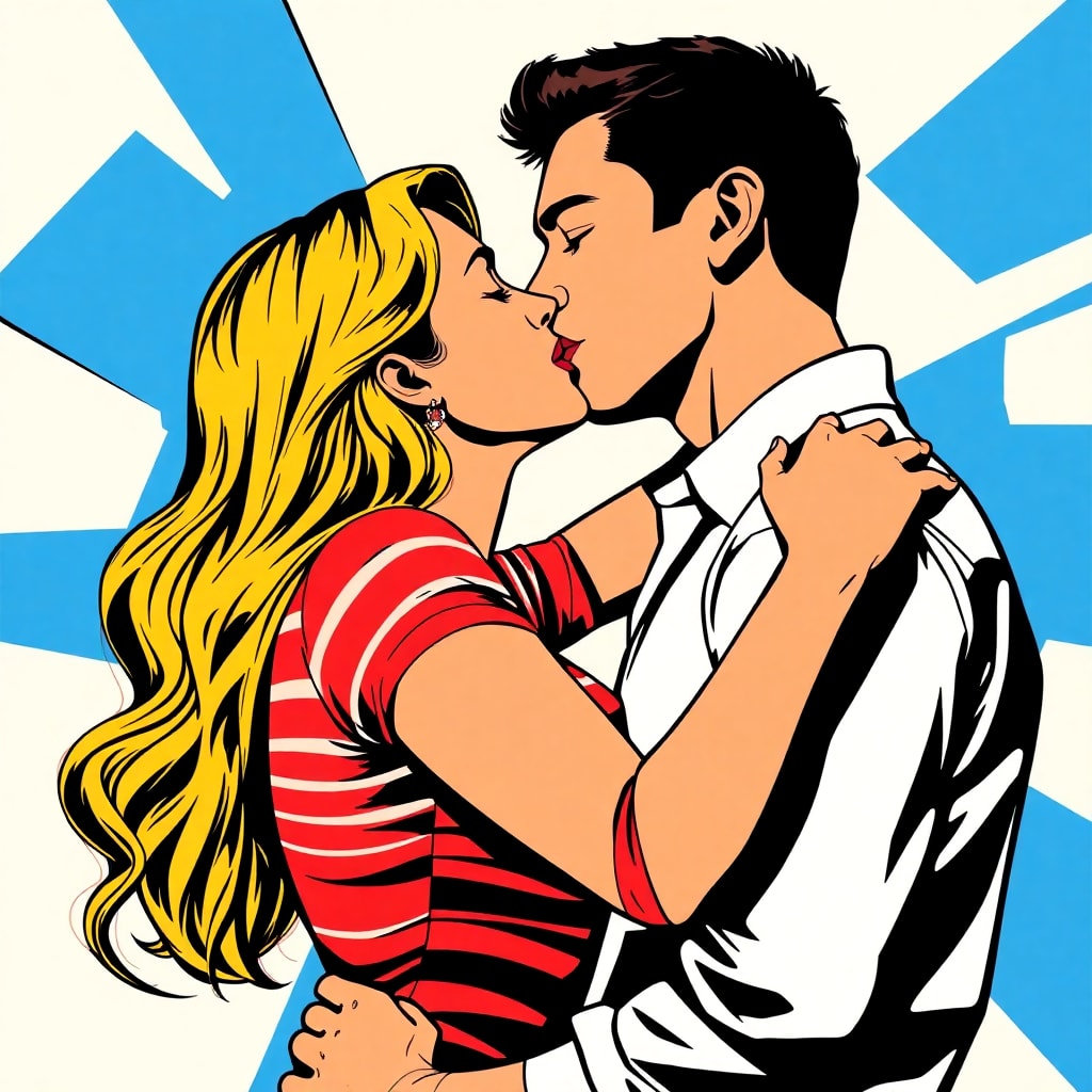 Pop art style illustration of a man and woman kissing, main subject: woman with long blonde hair, wearing a red and white striped shirt, hand on man's shoulder, man with short dark hair, wearing a white shirt, their embrace in mid-kiss, expression of passion and love, background: stylized blue and white graphic shapes, comic book aesthetics, flat color with bold outlines, composition: close-up framing, central focus on the couple, lighting: uniform lighting with no shadows, color palette: vibrant primary colors, yellow, red, blue, black and white, texture and materials: smooth, flat surfaces typical of pop art, atmosphere and mood: romantic and dramatic