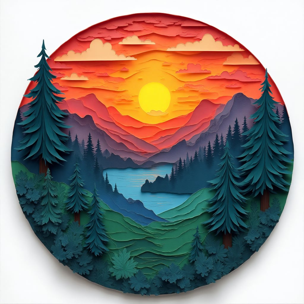 A circular paper-cut landscape scene depicting a vibrant sunset with trees and mountains, showcasing intricate layering. (ultra detailed:1.2), (8k resolution:1.1), (masterpiece:1.3), (best quality:1.2), (sharp focus:1.1), (high contrast:1.05), Main subject: paper-cut artwork in a circular form, featuring layers of cut paper in multiple colors creating trees, mountains, and a sunset, layered 3D effect, vibrant colors; Background: no real background, paper art defines the entire scene, intricate cut layers; Composition: circular composition, focused on the center with radial symmetry, multiple layers adding depth; Lighting: natural light illuminating the paper, soft shadows enhancing 3D effect, highlights on edges; Color palette: vibrant rainbow spectrum with reds, blues, greens, and yellows, high saturation; Texture and materials: smooth paper texture, layered cutouts, varying depths; Atmosphere and mood: artistic and creative, vibrant and lively colors, peaceful landscape scene enclosed in a circle.
