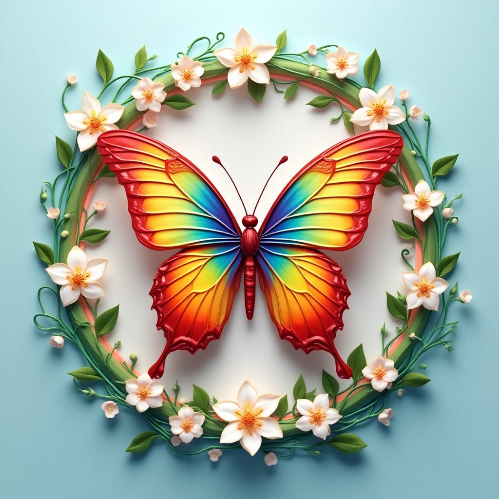- description
    
    A radiant, multicolored butterfly delicately flutters above a vibrant arrangement of white flowers against a soft blue background. Its wings, adorned with vivid rainbow patterns, shimmer in the light as it dances gracefully among the floral stems intertwined with swirling green leaves. The intricate design captures the essence of nature's beauty, symbolizing transformation and the joy of spring.
    
- prompt
    
    A vibrant and colorful illustration featuring a large central rainbow butterfly surrounded by intricate floral patterns, set against a soft pastel background. Main subject: A butterfly with symmetrical wings, featuring a spectrum of colors including red, orange, yellow, green, blue, and purple, positioned centrally; the butterfly has delicate veins on its wings, with an elegant curvature. Background: A circular frame surrounding the butterfly, filled with white flowers and swirling green vines; set in a soft beige and pastel blue backdrop with additional small butterfly and flower accents; the scene is enclosed by a ring of pastel rainbow hues. Composition: Symmetrical and balanced, focusing on the butterfly as the central focal point, with flowers and vines arranged to enhance circular harmony. Lighting: Soft ambient light that highlights the vibrant colors, with subtle shadows giving a 3D effect. Color palette: Dominated by bright rainbow colors against gentle pastels, offering a striking yet soothing contrast. Texture and materials: Smooth, glossy finish with a slight embossed effect, creating depth. Atmosphere and mood: Whimsical and cheerful, evoking a sense of beauty and nature's harmony. (ultra detailed:1.2), (8k resolution:1.1), (masterpiece:1.3), (best quality:1.2), (sharp focus:1.1), (high contrast:1.05)
    
- negative
    
    (worst quality:2), (low quality:2), (normal quality:2), (lowres:1.4), (monochrome:1.1), (grayscale:1.1), (blurry:1.3), (bad anatomy:1.3), (bad proportions:1.3), (extra limbs:1.3), (disfigured:1.3), (deformed:1.3), (mutation:1.3), (ugly:1.1), (duplicate:1.1), (morbid:1.1), (mutilated:1.1), (extra fingers:1.2), (poorly drawn hands:1.2), (bad hands:1.2), (missing fingers:1.2), (cropped:1.1), (jpeg artifacts:1.1), (signature:1.1), (watermark:1.1), (username:1.1), (error:1.3), (low contrast:1.1), (simple background:1.1), (bad shadows:1.2), (incorrect butterfly anatomy:1.5), (dull colors:1.4), (incomplete patterns:1.3), (asymmetry in design:1.3)