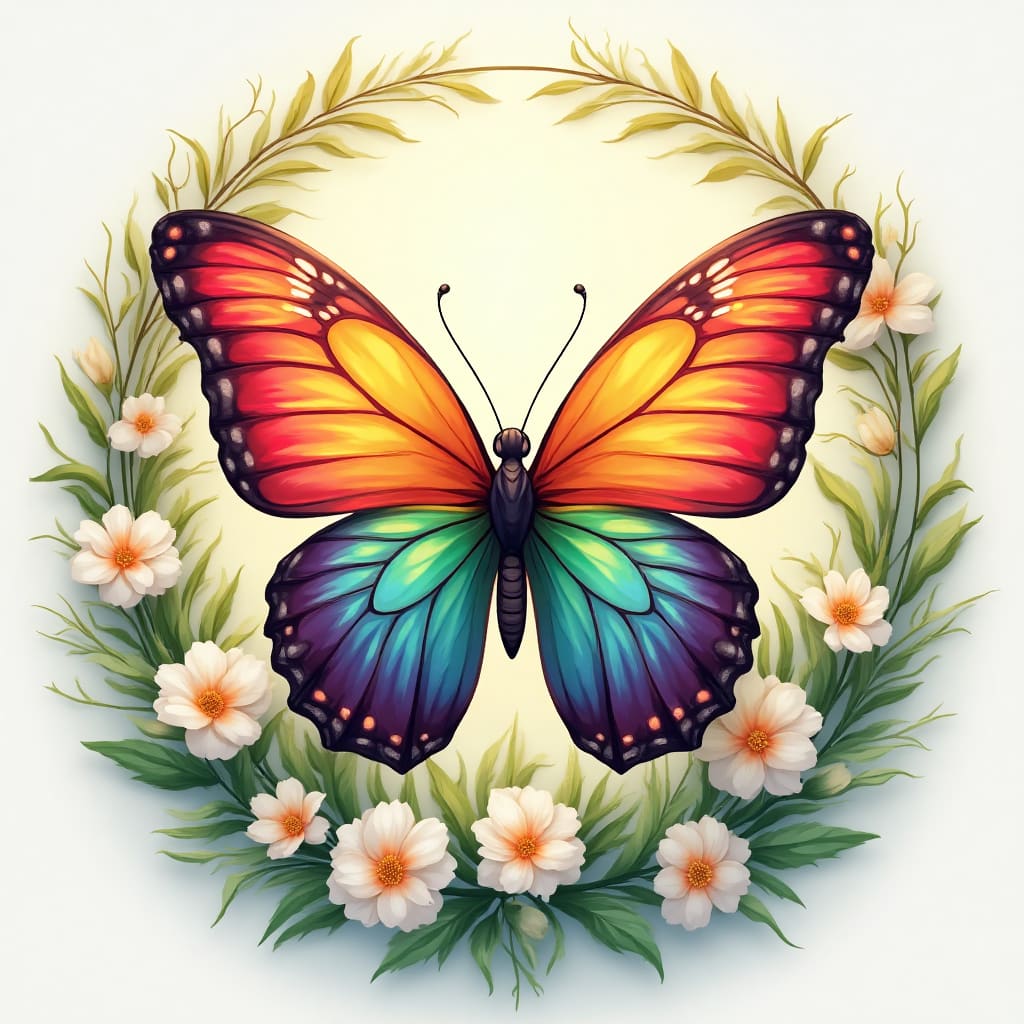 Create a stunning, high-resolution illustration of a butterfly and flowers that embodies the essence of nature's beauty and transformation. The central focus is a majestic, symmetrical butterfly with intricate wings featuring a vibrant spectrum of colors, including red, orange, yellow, green, blue, and purple. The delicate veins on its wings should have an elegant curvature. The butterfly is positioned centrally within a circular frame, surrounded by an arrangement of white flowers and swirling green vines set against a soft, pastel-colored background. The scene is enclosed by a ring of pastel rainbow hues, creating a sense of harmony and balance. To achieve a mesmerizing visual effect, ensure the illustration has:

* A symmetrical and balanced composition, with the butterfly as the central focal point

* Soft, ambient lighting that highlights the vibrant colors and subtle shadows to create a 3D effect

* A color palette dominated by bright, rainbow colors against gentle pastels, offering a striking yet soothing contrast

* A smooth, glossy finish with a slight embossed effect, creating depth and texture

* A whimsical and cheerful atmosphere, evoking a sense of beauty and nature's harmony

Avoid any errors, inaccuracies, or undesirable elements, such as incorrect anatomy, poor proportions, or low-quality rendering. Instead, focus on creating a masterpiece that showcases exceptional detail, vibrant colors, and a sense of wonder.