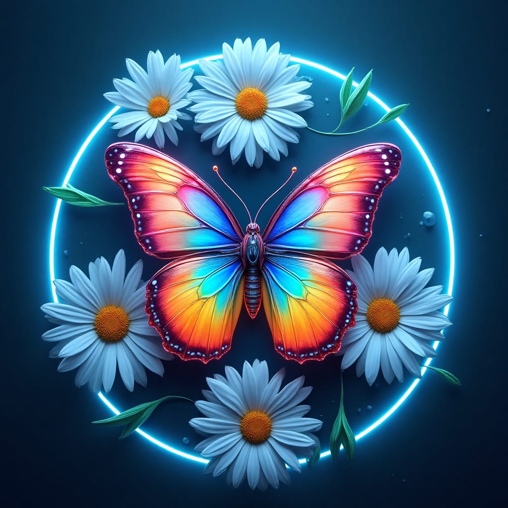 A vibrant, intricate art piece featuring a colorful butterfly centered amidst white daisies on a vivid blue background. The butterfly showcases a gradient of rainbow colors blending seamlessly from its wings, highlighted with a glowing luminescence that adds depth. The daisies have textured petals with smooth edges, complementing the butterfly with a natural harmony. The background is a clear blue circle outlined with a subtle neon glow, enhancing the ethereal feel of the scene. The composition is symmetrical, with the butterfly as the focal point leading the viewer's eye across the image. The lighting emphasizes the iridescence of the butterfly and the plush texture of the flowers, contributing to an atmospheric and whimsical mood. Colors are rich and saturated, with a harmonic blend of blues, greens, and yellows, accentuating contrast and vibrancy. The texture of the elements is smooth and glossy, providing clarity and depth that engage the viewer's senses. The ambiance evokes a dreamlike, enchanted garden, supported by the glowing outlines and radiant colors. (ultra detailed:1.2), (8k resolution:1.1), (masterpiece:1.3), (best quality:1.2), (sharp focus:1.1), (high contrast:1.05), (digital illustration:1.1)