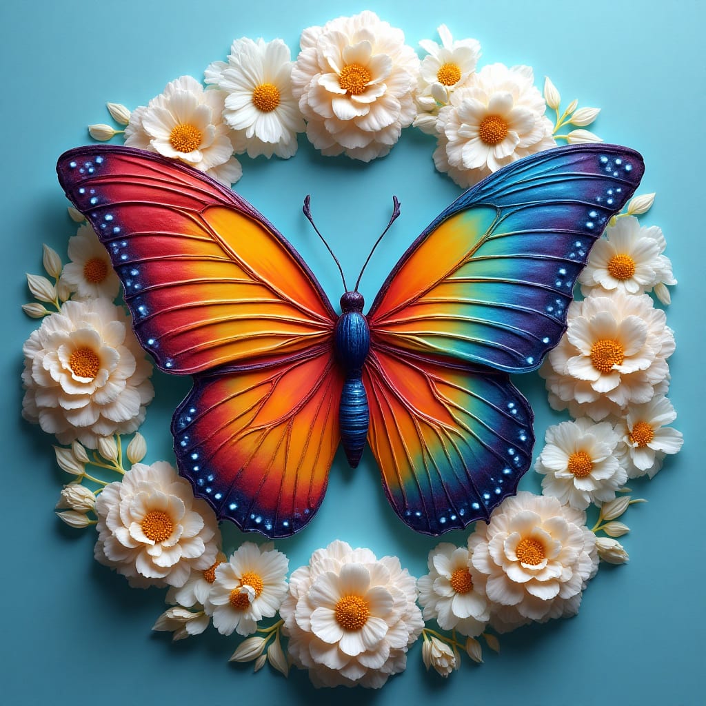 A colorful butterfly artwork with symmetrical floral elements, central rainbow-hued butterfly with large wings spanning across the circular frame, elegant floral design surrounding the butterfly with white flowers having textured petals, vibrant background contrast with soft, blue hues, intricate line details intertwining among flowers and butterfly, ultra detailed textures on both butterfly and flowers, lighting enhances the vivid spectrum colors, harmonious color palette of soft blues, vibrant rainbow tones, and delicate whites, embossed surface with intricate details, atmosphere is whimsical and artistic, technique similar to embossed pastel art with a radiant glow effect, 8k resolution, masterpiece, best quality, sharp focus, high contrast