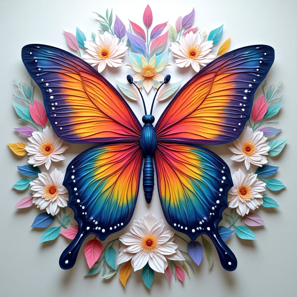 Rainbow Butterfly Mandala
Animated 3D paper cutout mandala with a central butterfly, each wing showcasing vivid rainbow gradients and iridescent effects. Surrounded by layered white flowers, swirling neon leaves, radiant pastel clouds, and shimmering metallic, holographic, and glitter accents. Add tiny birds, bees, and rainbow-gloss stems for bold, layered depth. --ar 1:1 --style raw --v 6.0 --s 100