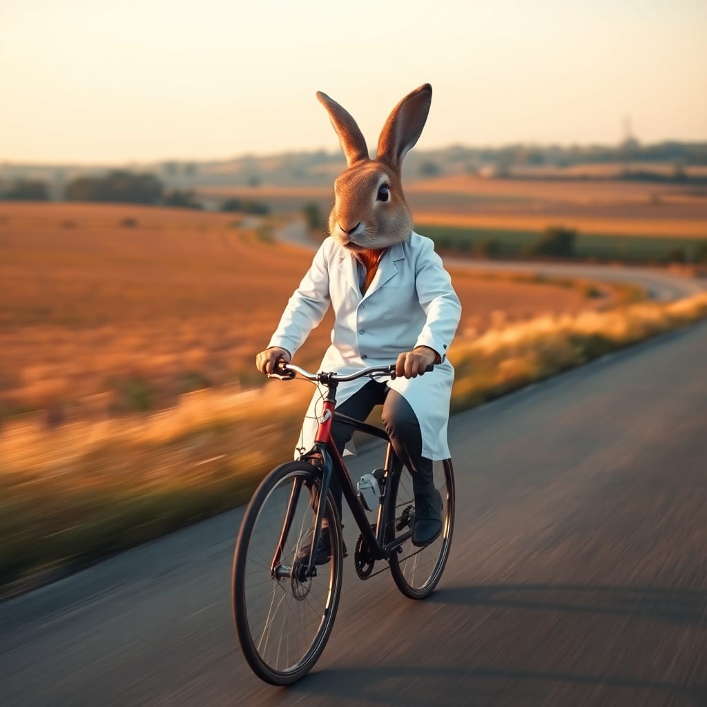 Scene: A figure in a doctor's coat rides a bicycle along a country road, with the head changed from a tomato to a rabbit's head. Style: Quirky and imaginative, with a mix of realistic and fantastical elements. Technical Quality: High clarity, smooth gradients, and excellent depth of field. Mood: Adventurous and whimsical, evoking a sense of journey and exploration. Visual Elements: Intricately detailed rabbit head, motion blur on the wheels, and expansive countryside backdrop.