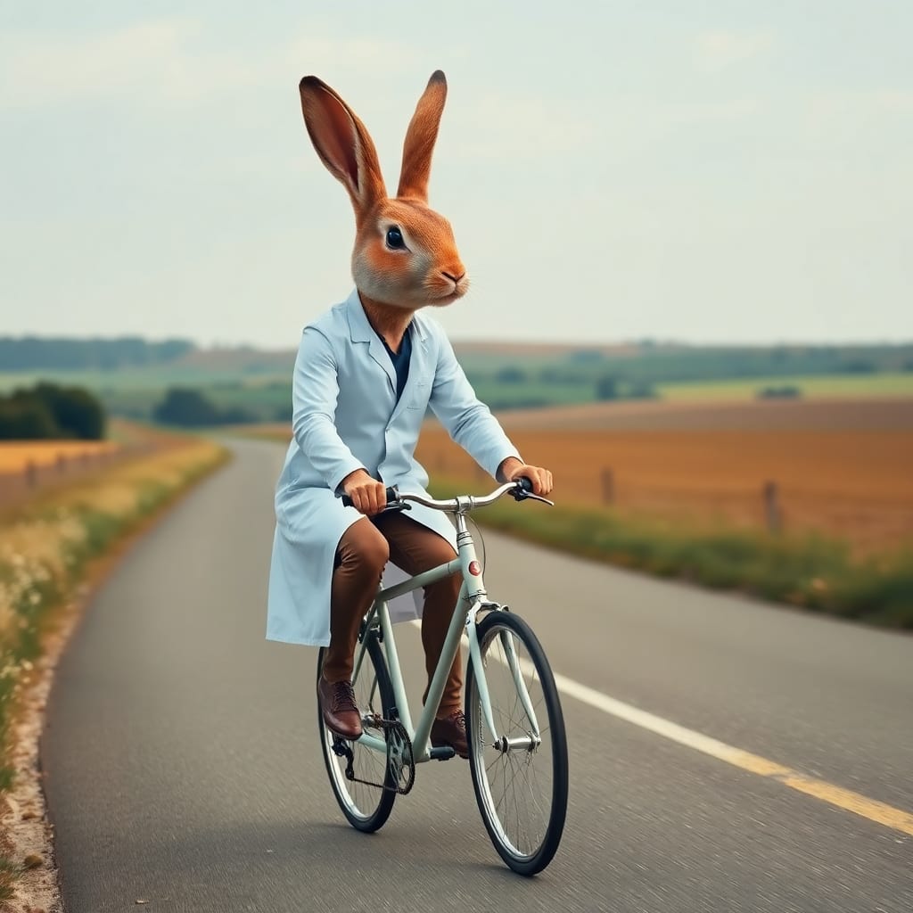 Scene: A figure in a doctor's coat rides a bicycle along a country road, with the head changed from a tomato to a rabbit's head. Style: Quirky and imaginative, with a mix of realistic and fantastical elements. Technical Quality: High clarity, smooth gradients, and excellent depth of field. Mood: Adventurous and whimsical, evoking a sense of journey and exploration. Visual Elements: Intricately detailed rabbit head, motion blur on the wheels, and expansive countryside backdrop.