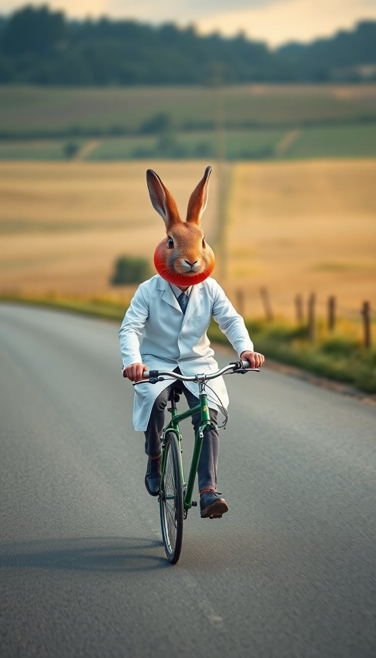 Scene: A figure in a doctor's coat rides a bicycle along a country road, with the head changed from a tomato to a rabbit's head. Style: Quirky and imaginative, with a mix of realistic and fantastical elements. Technical Quality: High clarity, smooth gradients, and excellent depth of field. Mood: Adventurous and whimsical, evoking a sense of journey and exploration. Visual Elements: Intricately detailed rabbit head, motion blur on the wheels, and expansive countryside backdrop.