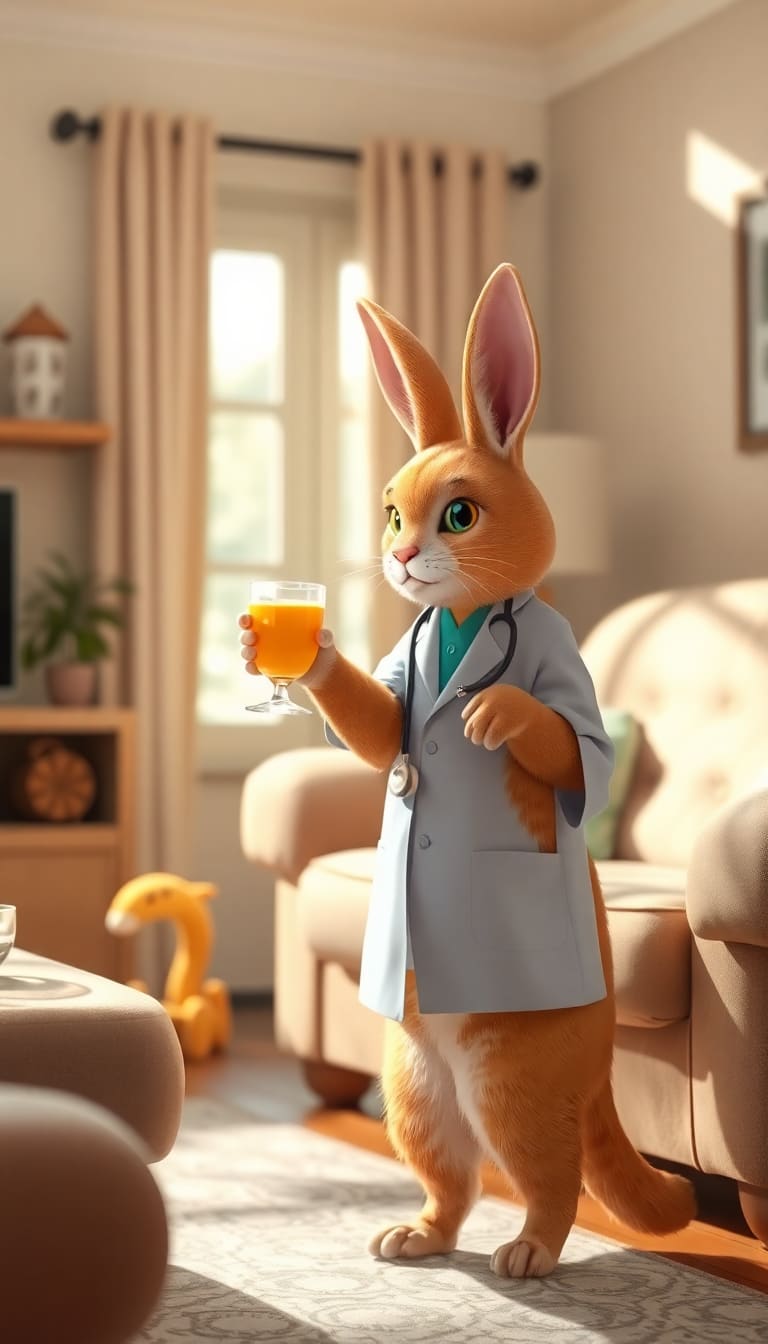 Scene: In a cosy, sunlit living room, a charming ginger cat stands on its hind legs, offering a glass of orange juice to a figure wearing a doctor's coat. The figure's head, originally a tomato, is now replaced with a rabbit's head. Style: Whimsical and cartoonish aesthetic with soft, warm tones. Technical Quality: High resolution, sharp focus with natural lighting highlighting textures. Mood: Playful and friendly atmosphere. Visual Elements: Detailed rabbit head with expressive features, plush cat fur, and a well-decorated interior setting.