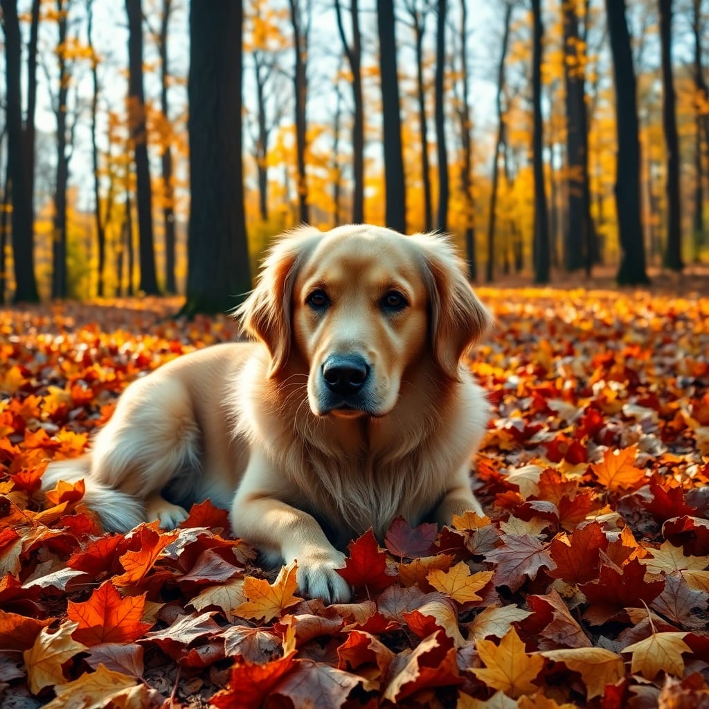 A serene autumn forest scene with a golden retriever dog lying among vibrant fallen leaves, ultra detailed:1.2, 8k resolution:1.1, masterpiece:1.3, best quality:1.2, sharp focus:1.1, high contrast:1.05. The dog has soft, flowing golden fur and expressive dark eyes, conveying a calm and content expression. Its ears are perked up, and its posture is relaxed. Autumn leaves in shades of orange, yellow, and red blanket the ground around the dog, enhancing the fall atmosphere. Tall trees with dark trunks and sparse branches rise in the background, contrasting with the bright foliage. The scene is captured with a balanced composition, with the dog slightly off-center to the left, drawing focus gently towards it. Warm, natural sunlight filters through the trees, casting a gentle, diffused light across the scene, highlighting the rich colors and textures of the leaves and fur. The color palette is dominated by warm autumn tones, creating harmony and depth. Textures of the dog's fur are soft and detailed, and the crunchiness of the leaves is evident, adding realism to the environment. The mood is peaceful and immersive, embodying the essence of a tranquil fall day. The image's style is a blend of realism and artistic finesse, capturing the idyllic charm of nature in autumn.