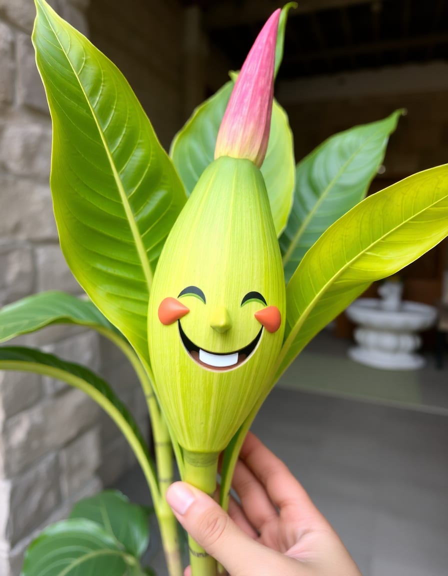 pianta di canapa con volto e anima sorridente con occhi a palla rossi con canna in mano 
