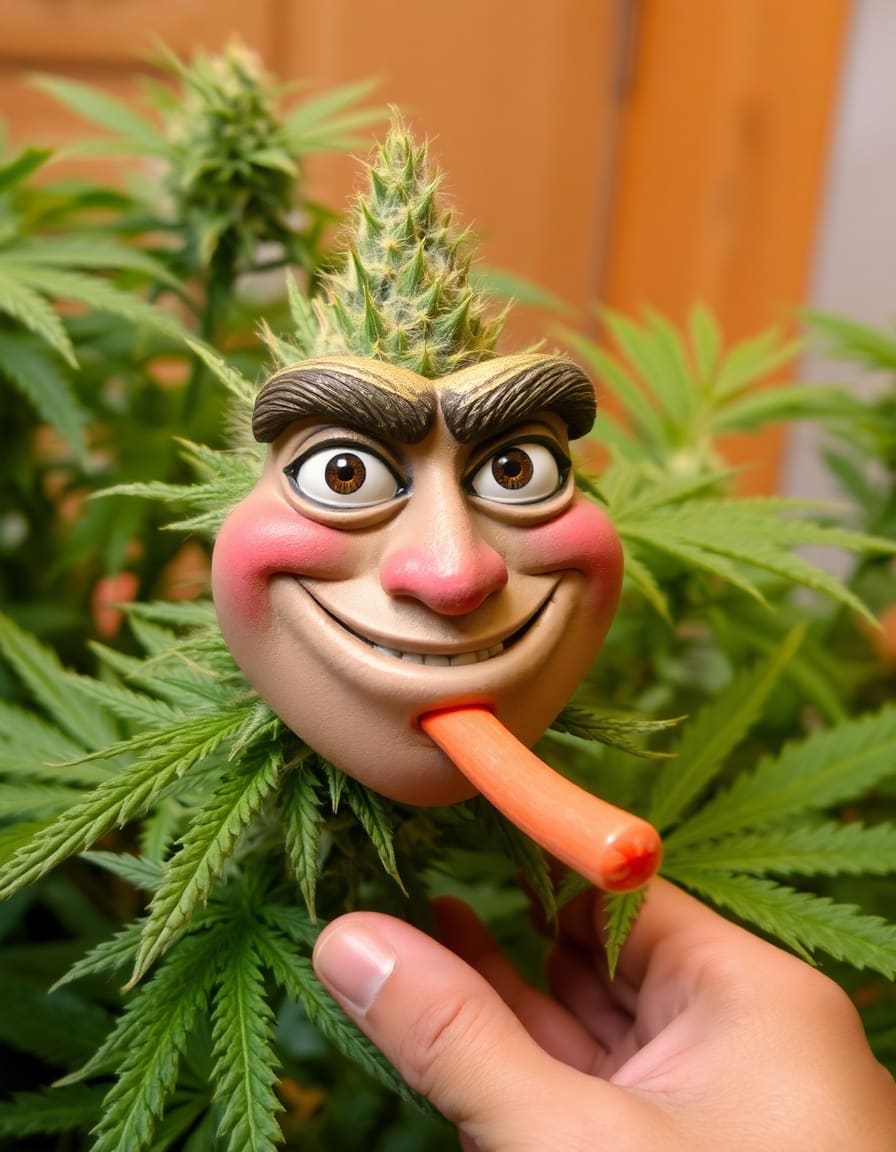 pianta di marijuana con volto e anima sorridente con occhi a palla rossi con canna in mano 