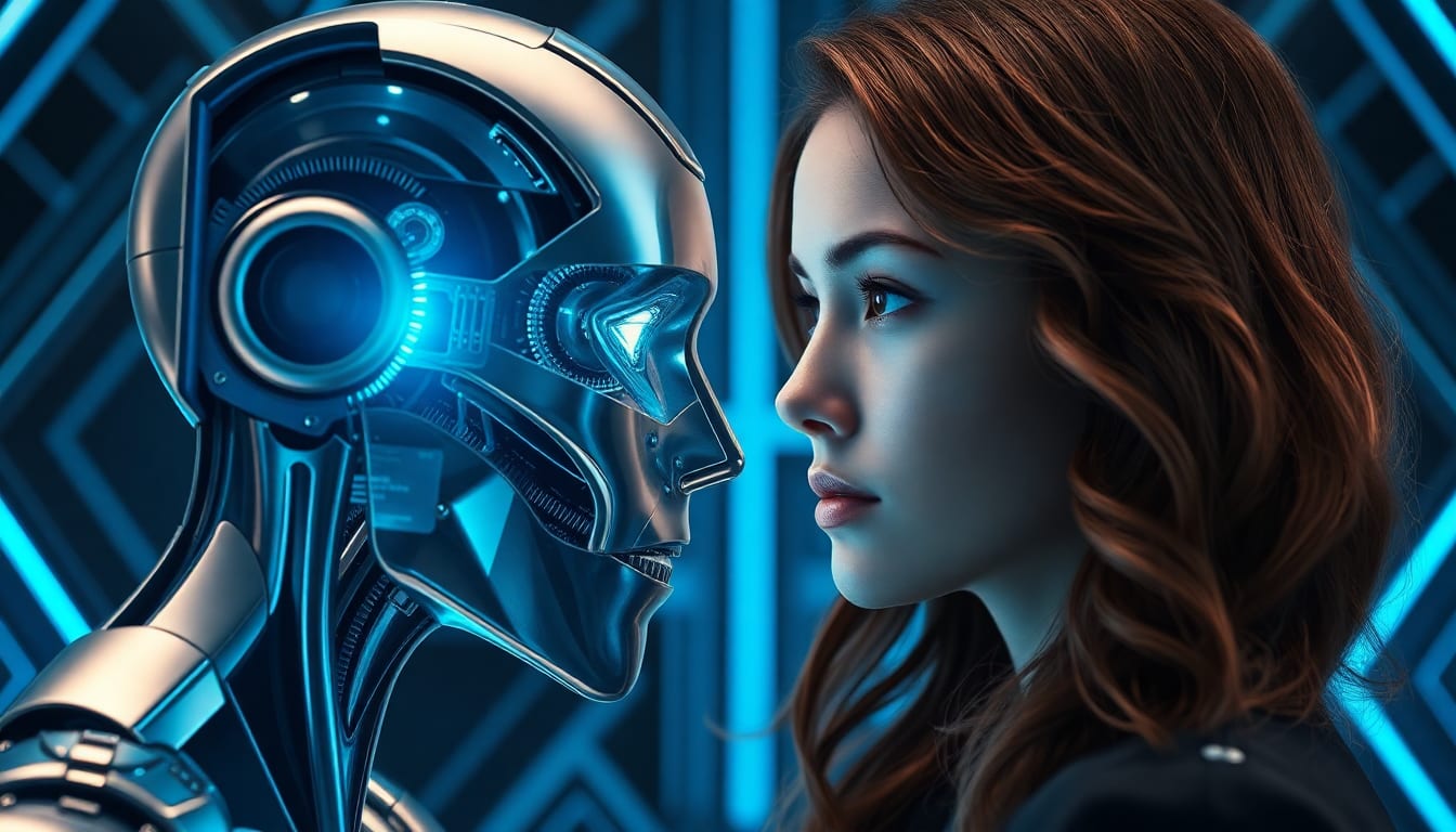 a futuristic scene with a human and a cybernetic face in close proximity, (ultra detailed:1.2), (8k resolution:1.1), (masterpiece:1.3), (best quality:1.2), (sharp focus:1.1), (high contrast:1.05), human face with feminine features, pale skin, brown wavy hair, neutral expression, comparing with a digital screen with a robot face, silver metallic, visible circuitry, futuristic, blue glow from screen, dark background with geometric patterns, blue neon lighting, high-tech atmosphere, symmetrical composition, side profile view, emphasize contrast between human and machine, intricate textures on robot face, (sci-fi genre:1.1)