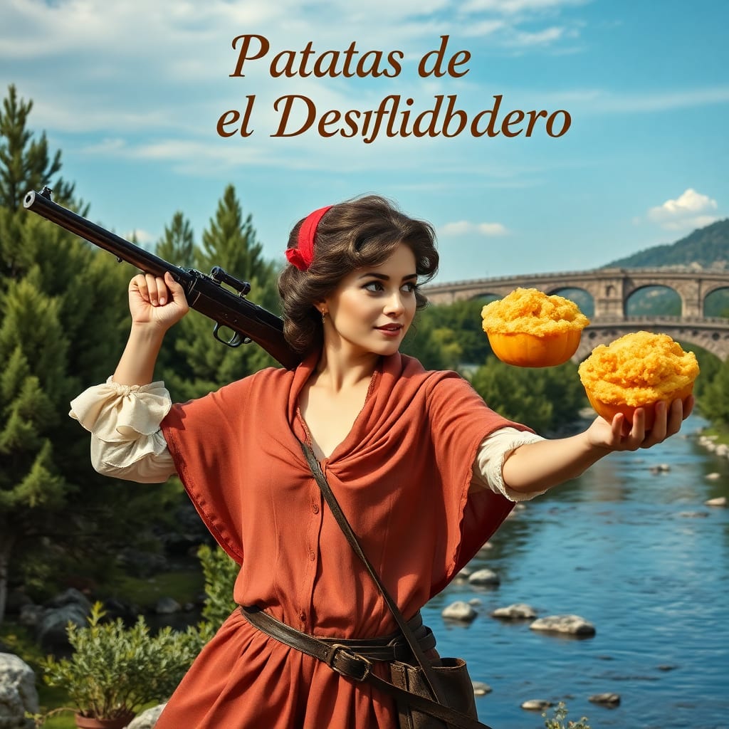 Una imagen que representa a una mujer fuerte y aventurera sosteniendo un trabuco único que parece disparar papas fritas en lugar de balas. Viste un elegante atuendo histórico, con un chaleco ajustado sin mangas y una falda vaporosa, y lleva un pañuelo rojo alrededor de la cabeza. En la otra mano, sostiene salchichas cubiertas de crujiente masa de papa, lo que sugiere una divertida temática gastronómica. El fondo incluye frondosos pinos verdes y un río sereno bajo un cielo azul, con un puente de piedra visible a lo lejos. El texto superior dice "Patatas del Desfiladero", insinuando una divertida aventura o temática culinaria. Debajo, se ven papas legendarias con sabor a bandido. El estilo de fuente transmite confianza y profesionalismo con un toque de chica mala. La imagen o logotipo se asemeja a una foto profesional.