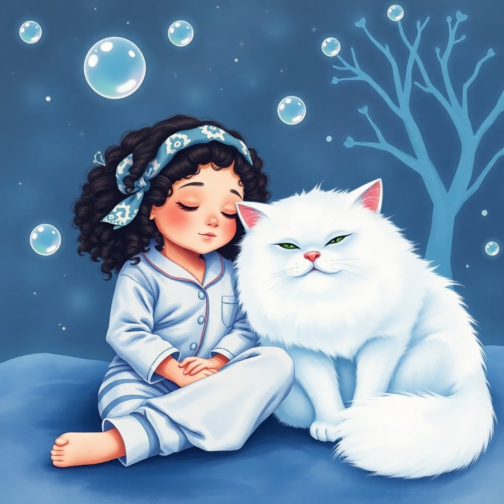 main subject is a young girl with curly hair wearing a paisley bandana and striped pajamas sitting beside a large fluffy white cat, dreamy and whimsical scene with floating bubbles and abstract tree shapes in the background, serene expression on the girl's face as she rests against the cat conveying tranquility and comfort, nighttime setting with a cosmic and magical atmosphere, composition emphasizing relaxation and companionship, soft and diffuse lighting enhancing the dreamlike quality, color palette with pastels and gentle blues creating a harmonious and soothing mood, textures of soft fur and fabric contributing to the cozy ambiance, illustration with a fairytale style, delicate and intricate line work, vibrant watercolor effect, ultra detailed:1.2, 8k resolution:1.1, masterpiece:1.3, best quality:1.2, sharp focus:1.1, high contrast:1.05