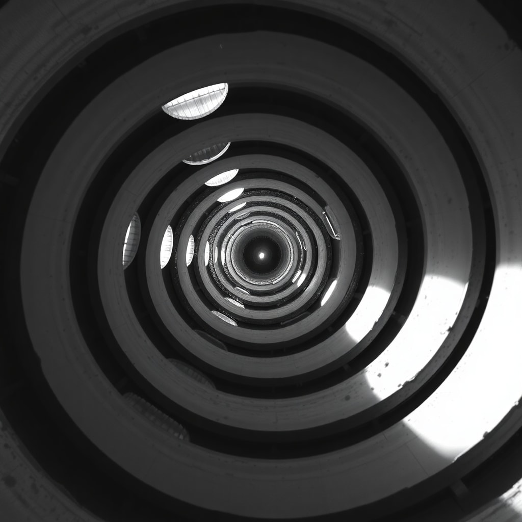 A spiraling architectural structure captured from an upward perspective, (ultra detailed:1.2), (8k resolution:1.1), (masterpiece:1.3), (best quality:1.2), (sharp focus:1.1), (high contrast:1.05). The structure features concentric circular openings, creating a mesmerizing effect with a focus on light and shadow play, showcasing a rough, textured surface resembling concrete or stone, which adds a sense of realism. The spiral's inner surfaces catch varying light intensities, emphasizing the curvature and depth. Background is a continuous spiral vanishing to a bright light source at the top, suggesting an upward journey. Lighting is stark, with sharp contrasts between light and shadow, highlighting the spiral's architectural beauty. The color palette is monochromatic, mainly grayscale, accentuating the stark contrasts and textures. The texture and materials are rough, with visible wear and imperfections adding to the aesthetic, enhancing the realistic feel.