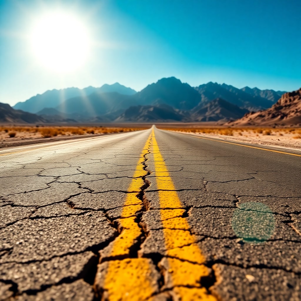 A rugged desert highway stretches towards a dramatic, sunlit mountain range under a clear blue sky, (ultra detailed:1.2), (8k resolution:1.1), (masterpiece:1.3), (best quality:1.2).

Main Subject: A cracked desert highway with bold yellow center lines, perspective drawing the eye towards distant mountains, conveying a sense of vastness and adventure, textures of the road vividly depicted showing erosion and natural wear.

Background: Majestic, sunlit mountains with rugged peaks rise against a deep blue sky, creating a powerful silhouette, daytime lighting with a clear bright atmosphere, enhancing the stark beauty of the scene.

Composition: Wide-angle view with low perspective emphasizes depth, encouraging the gaze from the foreground towards the background, the road acts as a leading line firmly rooted in the rule of thirds.

Lighting: Strong sunlight highlights details and casts subtle shadows on the road, creating a dramatic yet serene ambiance with crisp contrasts.

Color Palette: Dominated by earthy tones like greys and browns, contrasting with the bright yellow road lines, the deep blue sky adds a rich, vibrant depth.

Texture and Materials: The rough texture of the tarmac, the glossy sheen of rocks, and the dry dust add realism, emphasizing the desolate yet alluring mood.

Atmosphere and Mood: Open, adventurous vibe captured by the expansive landscape, with a meditative, tranquil mood shaped by the clear bright sky and dynamic terrain. 