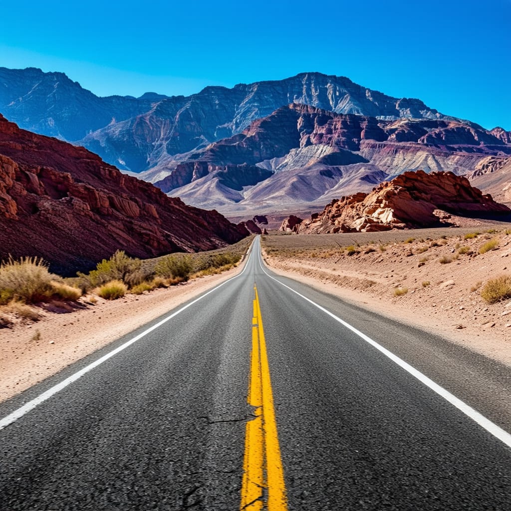 A rugged desert highway stretches towards a dramatic, sunlit mountain range under a clear blue sky, (ultra detailed:1.2), (8k resolution:1.1), (masterpiece:1.3), (best quality:1.2).

Main Subject: A cracked desert highway with bold yellow center lines, perspective drawing the eye towards distant mountains, conveying a sense of vastness and adventure, textures of the road vividly depicted showing erosion and natural wear.

Background: Majestic, sunlit mountains with rugged peaks rise against a deep blue sky, creating a powerful silhouette, daytime lighting with a clear bright atmosphere, enhancing the stark beauty of the scene.

Composition: Wide-angle view with low perspective emphasizes depth, encouraging the gaze from the foreground towards the background, the road acts as a leading line firmly rooted in the rule of thirds.

Lighting: Strong sunlight highlights details and casts subtle shadows on the road, creating a dramatic yet serene ambiance with crisp contrasts.

Color Palette: Dominated by earthy tones like greys and browns, contrasting with the bright yellow road lines, the deep blue sky adds a rich, vibrant depth.

Texture and Materials: The rough texture of the tarmac, the glossy sheen of rocks, and the dry dust add realism, emphasizing the desolate yet alluring mood.

Atmosphere and Mood: Open, adventurous vibe captured by the expansive landscape, with a meditative, tranquil mood shaped by the clear bright sky and dynamic terrain. 