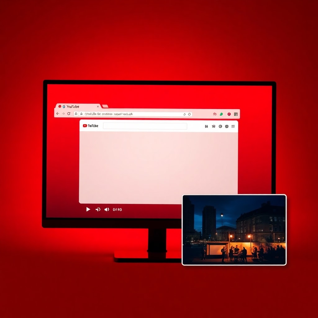Overview: A computer screen displaying a YouTube video in Picture-in-Picture mode, with a red background. Main subject: The YouTube interface features standard interface elements like the search bar, URL entry, and video navigation controls, contextualized in a Google Chrome browser window. Inset video: A small video at the bottom-right showing a street band performing at night by a well-lit city square. Background: The main area includes a blank YouTube video area with text, in a Chrome window against a red backdrop. Composition: Framing of the browser window against the solid background focuses on the video interface elements, creating contrast. Lighting: The street band video features warm streetlight illumination against a dark evening setting. Color palette: Predominantly red with white and black browser details, warm tones in the inset video. Texture and materials: Glossy digital display elements with flat color backgrounds. Atmosphere and mood: Technological and digital, with a lively yet dimly lit street performance suggested by the Picture-in-Picture video. Hierarchical structure: Red background, YouTube interface, floating video.
