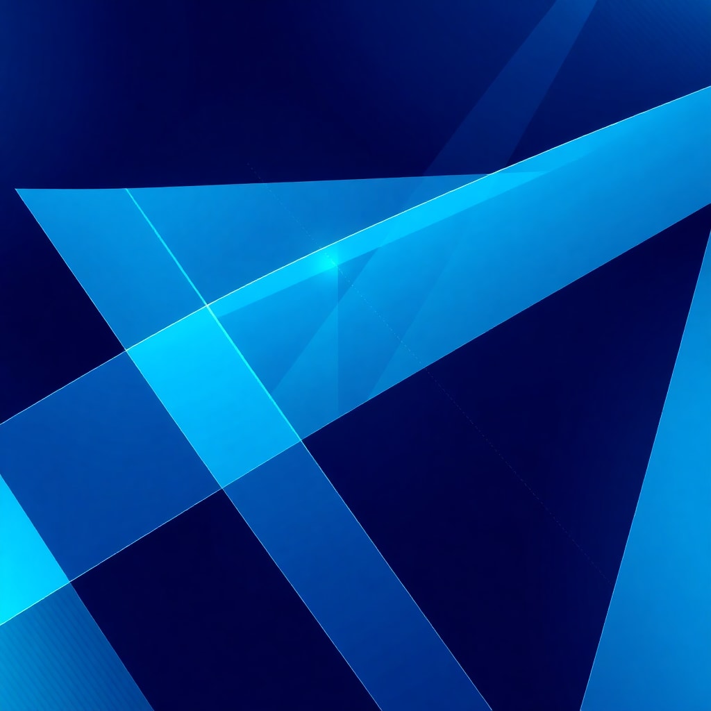 A sleek, futuristic abstract design featuring intersecting geometric shapes and lines, (ultra detailed:1.2), (8k resolution:1.1), (masterpiece:1.3), (best quality:1.2), (sharp focus:1.1), (high contrast:1.05), overlapping transparent blue triangles, diagonal lines creating a dynamic sense of movement, deep blue color palette with gradients of lighter blue, subtle diagonal stripes adding texture, high-tech digital essence, emphasis on modernity and style, atmospheric lighting enhancing depth, no human or animal subjects, digital art style, modern and minimalistic aesthetic.