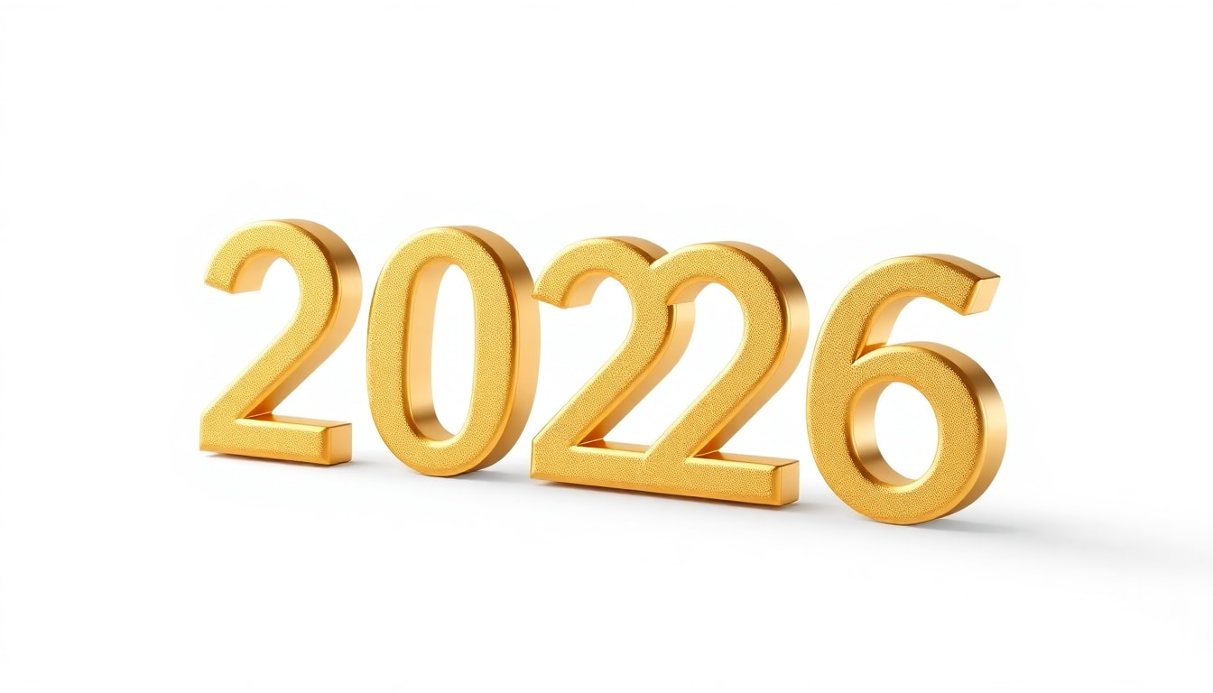 The image features the year '2026' rendered in bold, three-dimensional gold numerals with a white background, (ultra detailed:1.2), (8k resolution:1.1), (masterpiece:1.3), (best quality:1.2), (sharp focus:1.1), (high contrast:1.05), (minimalist design:1.1), (modern typography:1.2). The numbers are slanted slightly to the right, casting realistic shadow effects and demonstrating a shiny metallic texture, (gold metallic texture:1.2), (3D effect:1.1), (realistic shadows:1.1). The white, featureless background enhances the visibility of the numerals, providing a clean and focused composition, (featureless white background:1.1). The design is sleek and modern, suitable for contemporary graphics.
