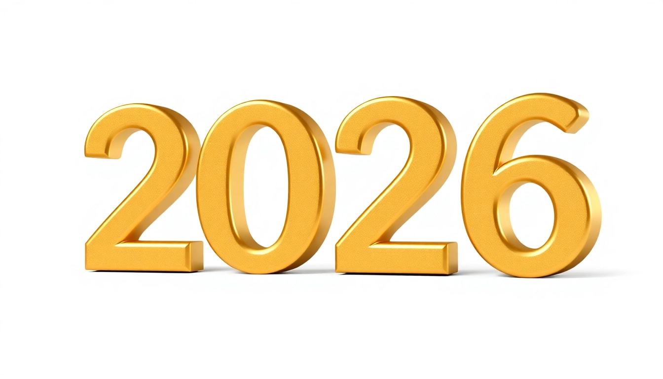 The image features the year '2026' rendered in bold, three-dimensional gold numerals with a white background, (ultra detailed:1.2), (8k resolution:1.1), (masterpiece:1.3), (best quality:1.2), (sharp focus:1.1), (high contrast:1.05), (minimalist design:1.1), (modern typography:1.2). The numbers are slanted slightly to the right, casting realistic shadow effects and demonstrating a shiny metallic texture, (gold metallic texture:1.2), (3D effect:1.1), (realistic shadows:1.1). The white, featureless background enhances the visibility of the numerals, providing a clean and focused composition, (featureless white background:1.1). The design is sleek and modern, suitable for contemporary graphics.