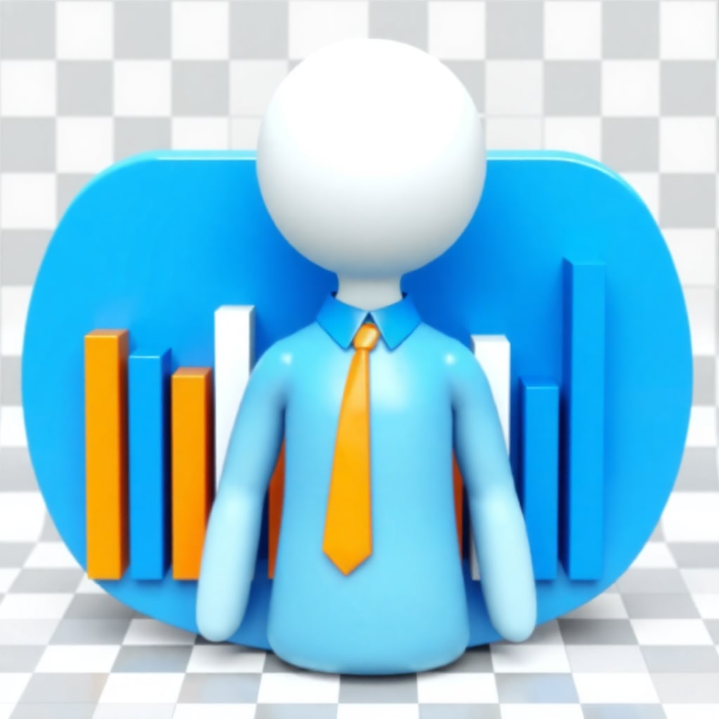 A 3D abstract icon featuring a stylized human figure in front of a graphical chart, the figure has a spherical head, body depicted by smooth curves, wearing a blue shirt with an orange tie. The chart is represented by vertical bars, each a different height, in shades of blue, white, and orange, set against a rounded rectangular blue backdrop, checkerboard transparent background, ultra detailed, 8k resolution, masterpiece, best quality, sharp focus, high contrast