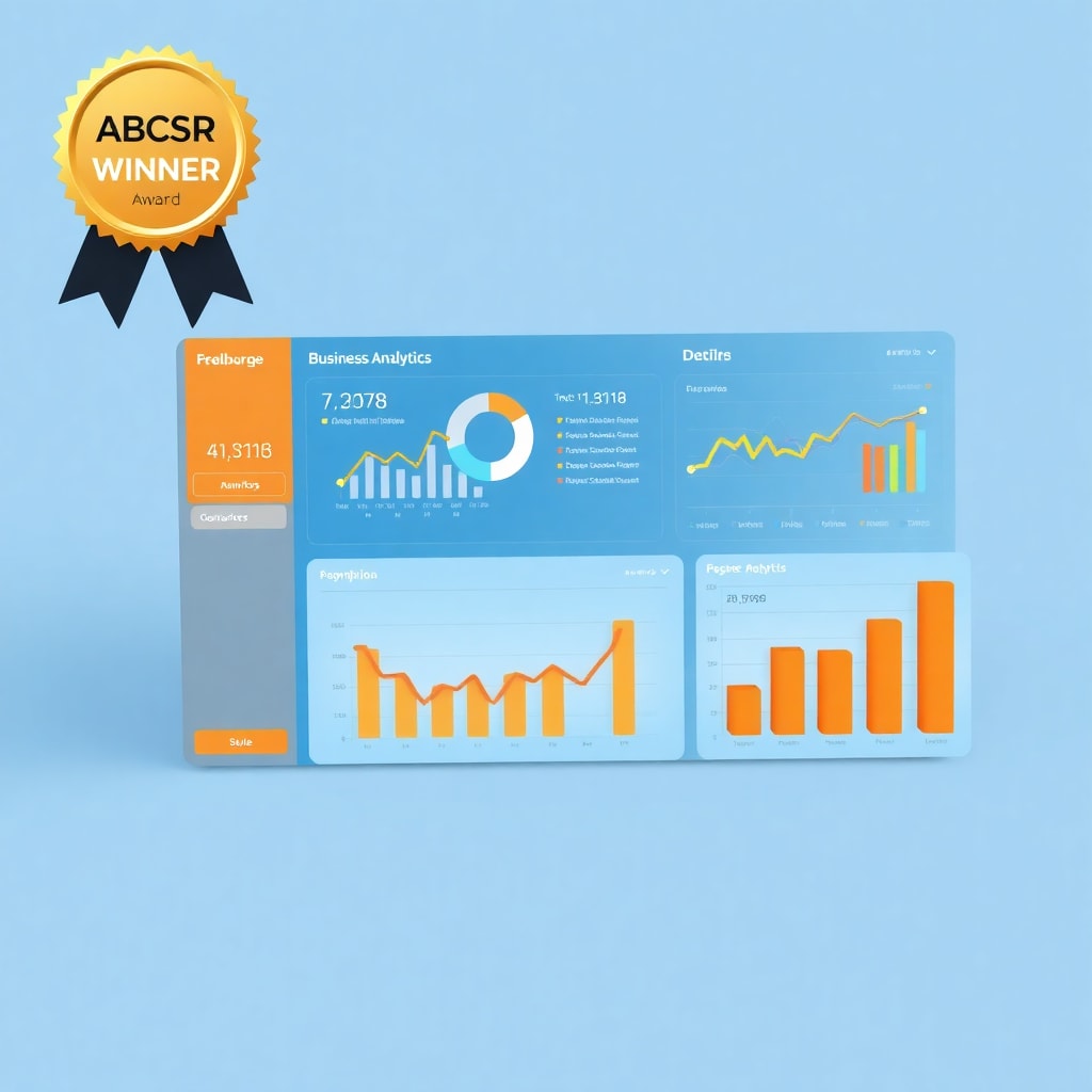 3d render, detailed, award winning, business analytics dashboard, data visualization, orange and blue color scheme, clean professional design, infographic, smooth gradients, high resolution
