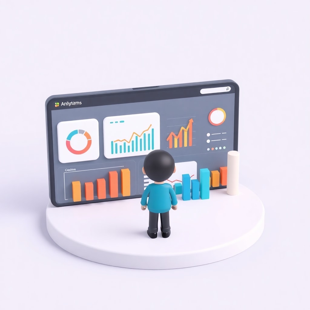 3d render of a stylized cartoon business analytics dashboard, with a figure and charts, smooth surfaces, bold colors, simple shapes, toy-like design, minimalist aesthetic, digital illustration
