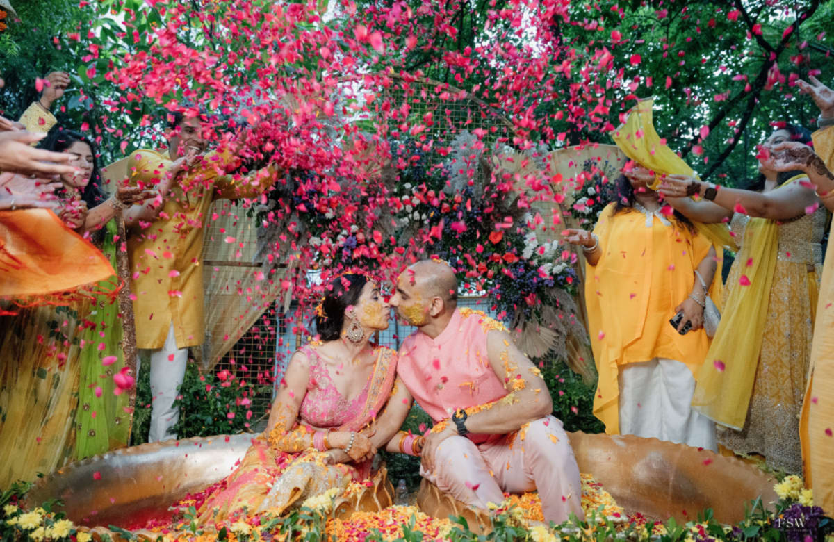 cinematic wedding reception frame in  Taj Krishna ,hyderabad by FineShot Weddings