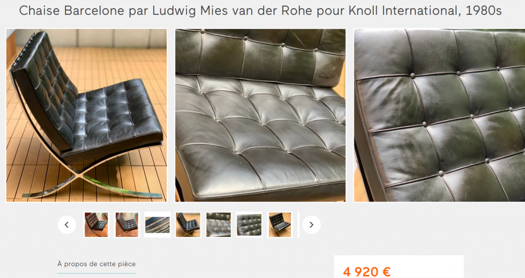 Prix de vente d'un meuble original vendu sur site de collectionneurs, chaise Barcelona de Charles Eames