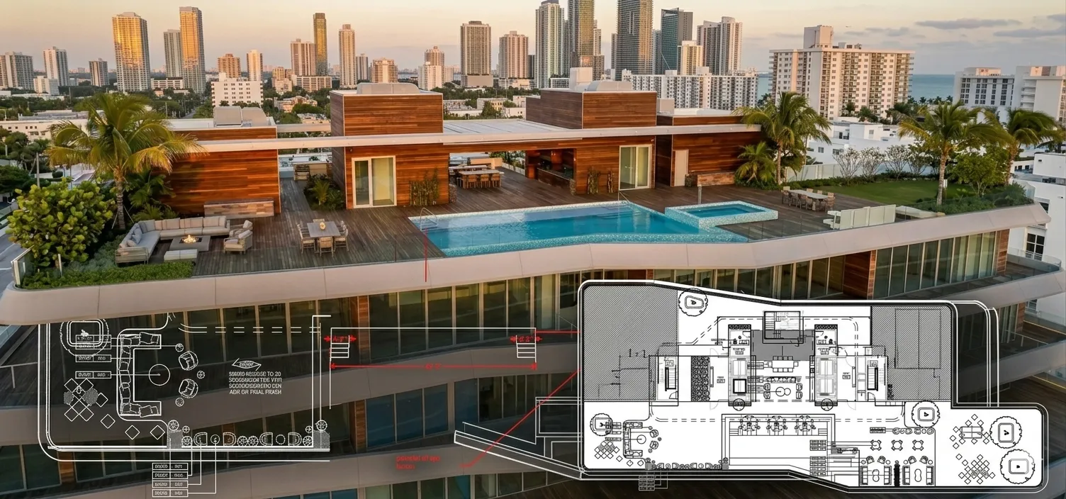 Miami rooftop 3D concept drawing to import luxury furniture from Europe to the USA