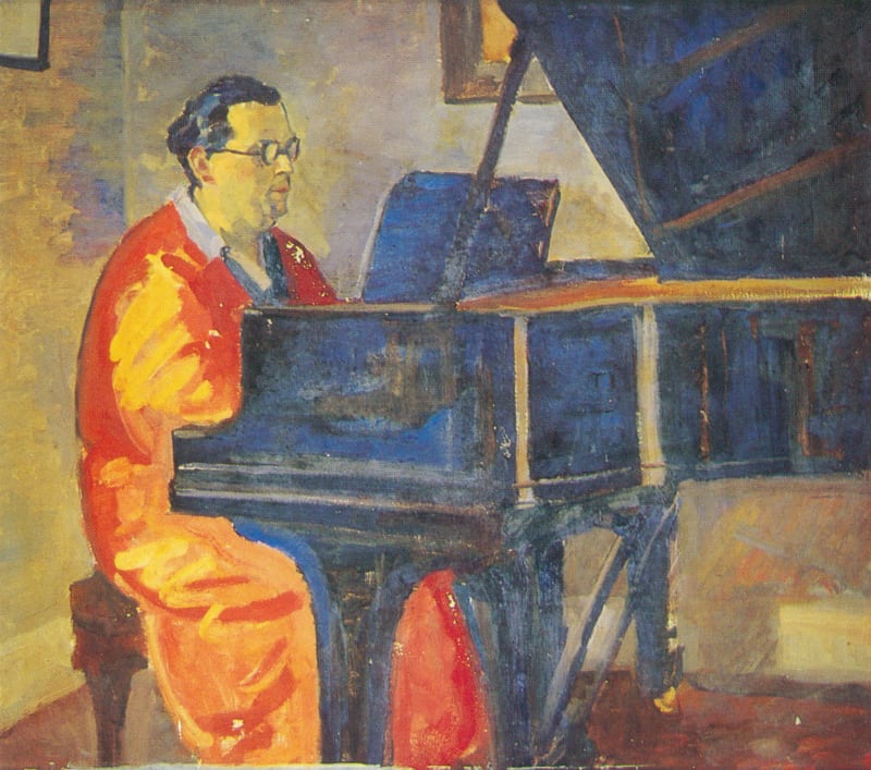 Painting of man playing piano