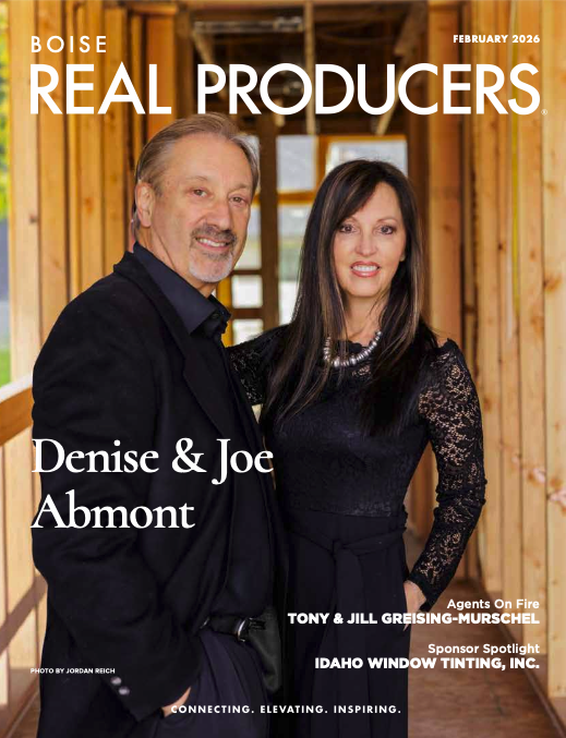 Denise and Joe Abmont on the cover of Boise Real Producers Magazine, February 2026. Photo by Jordan Reich.