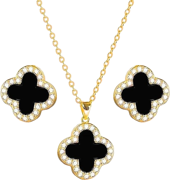 shinyy four leaf black clover necklace earring set dupe