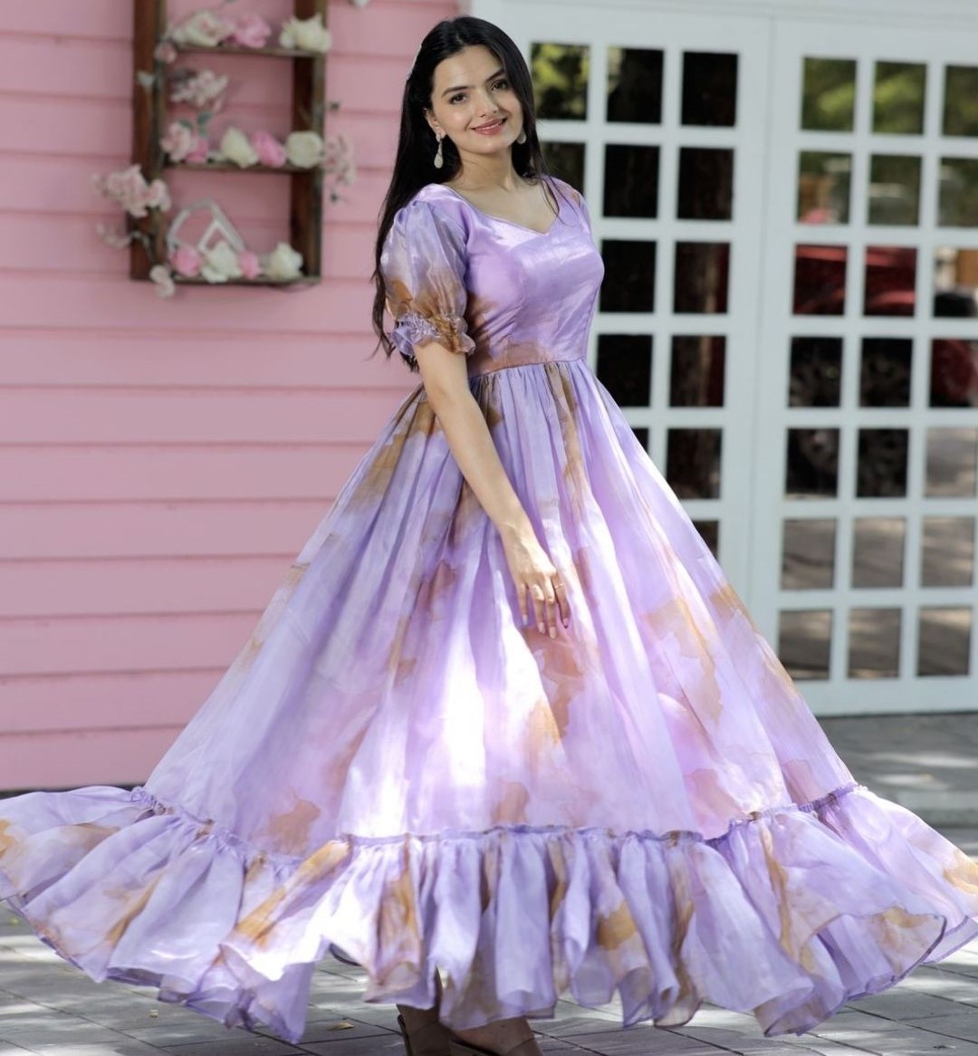 vatki lavender jimmy silk multi print work anarkali gown dupe