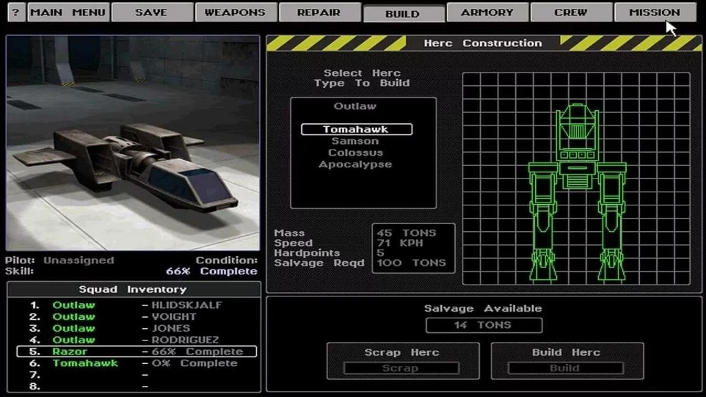 EarthSiege 2 HERC Construction screen selecting a Tomahawk build