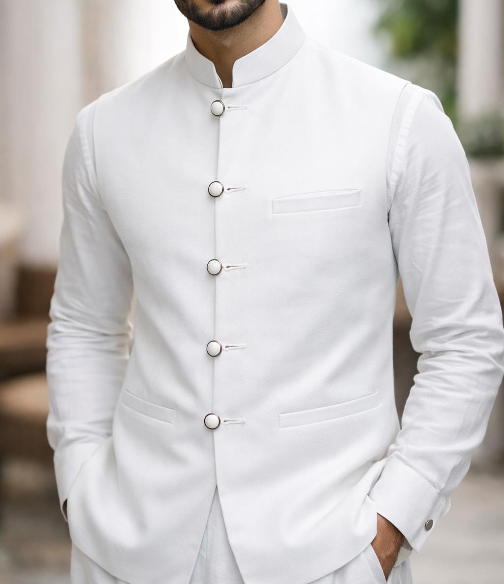 Men's White Band Collar Nehru Jacket