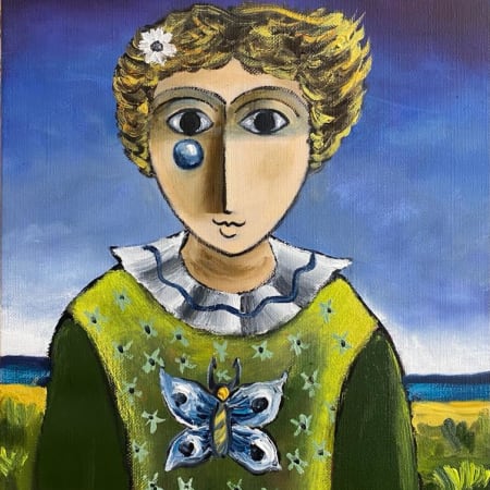 Green girl and butterfly by Yosl Bergner [1990]