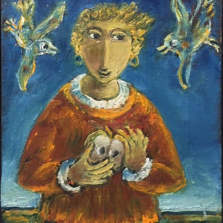 Girl and two birds by Yosl Bergner [2015]