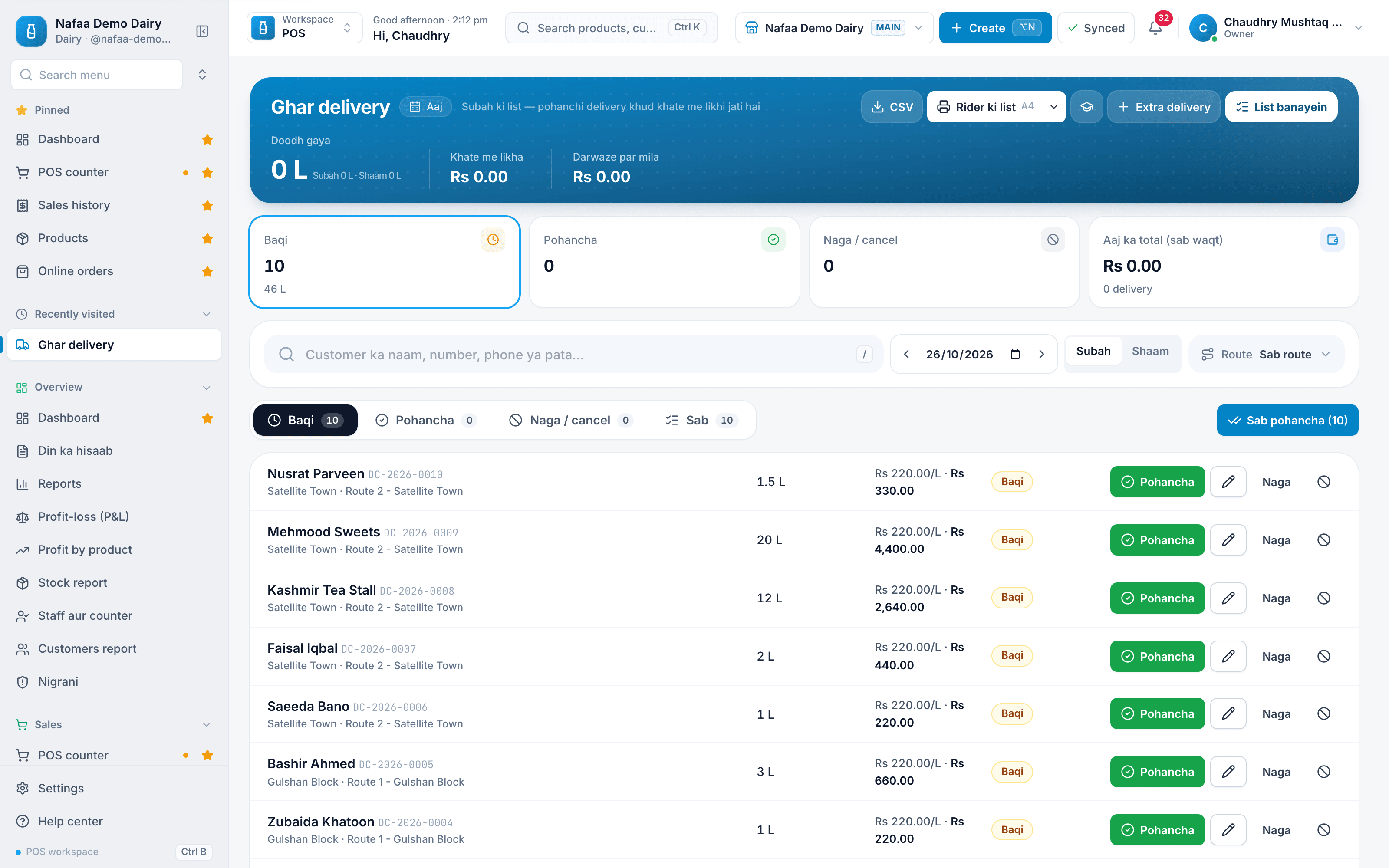 Dairy home delivery list in Nafaa: each customer's litres, rate and amount by route, with delivered and skip buttons and a rider's list