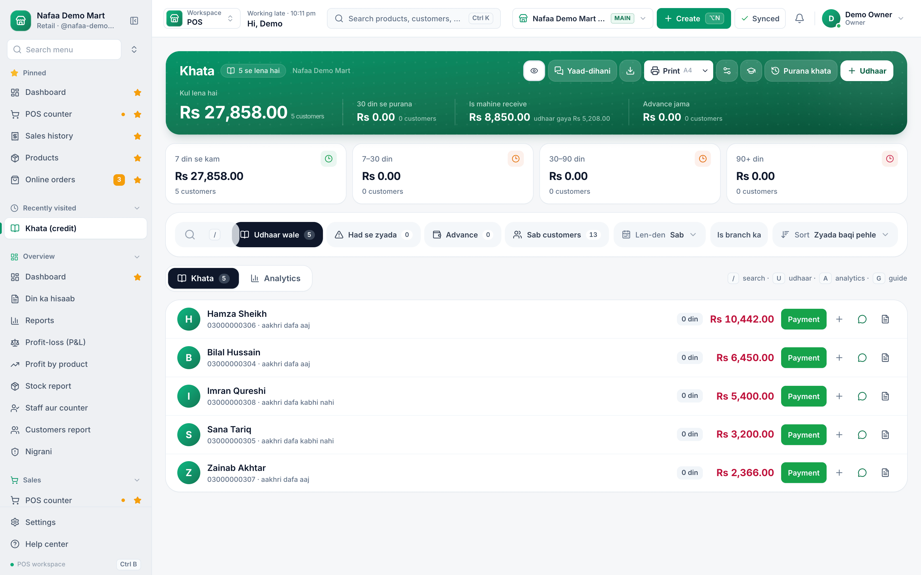 Nafaa digital khata: total receivable, ageing buckets and customers with pending udhaar
